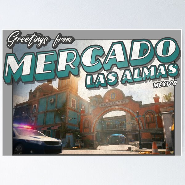 Aperçu de l'œuvre MW 2 II Inspiré 'Salutations de Mercado Las Almas, Mexique' Carte Postale Vintage / Rétro Design Patiné créée et vendue par Mercy Apparel.