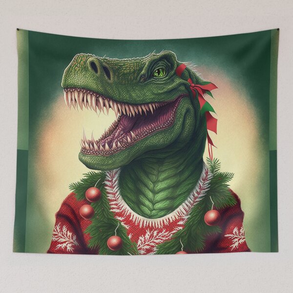 Item preview, DINOSAUR WEARING AN UGLY CHRISTMAS JUMPER Midjourney AI Artwork designed and sold by davidjulie.