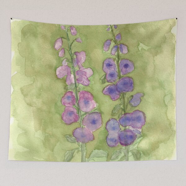 Artikelvorschau, Hollyhock Fingerhut Aquarell gedämpfte Töne entworfen und verkauft von laurabethlove.