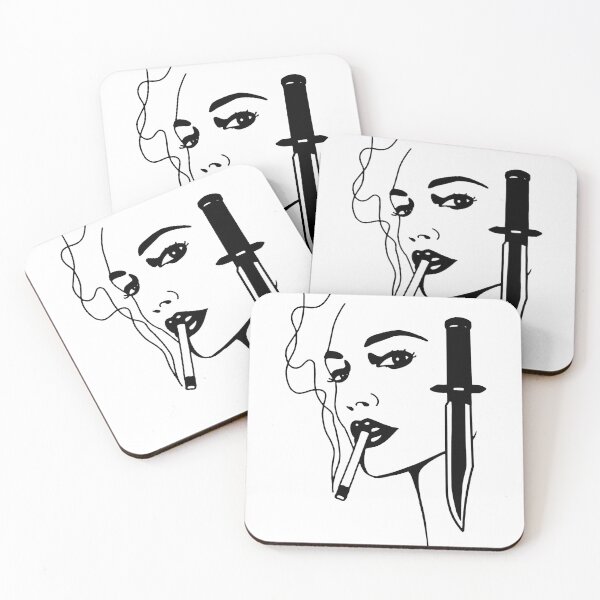 Item preview, Black and White Smoking Lady and Knife Tattoo designed and sold by Cesar Caligula.