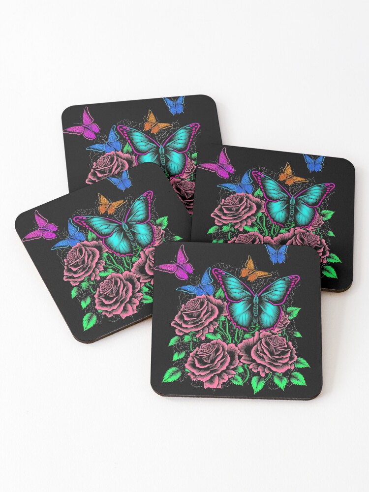 Thumbnail 1 of 5, Coasters (Set of 4), Butterflies on Roses designed and sold by GummywormDesign.