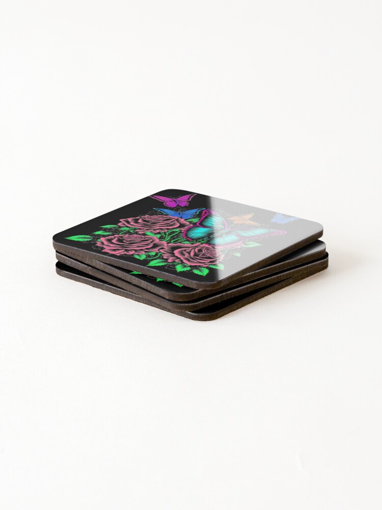 Thumbnail 4 of 5, Coasters (Set of 4), Butterflies on Roses designed and sold by GummywormDesign.