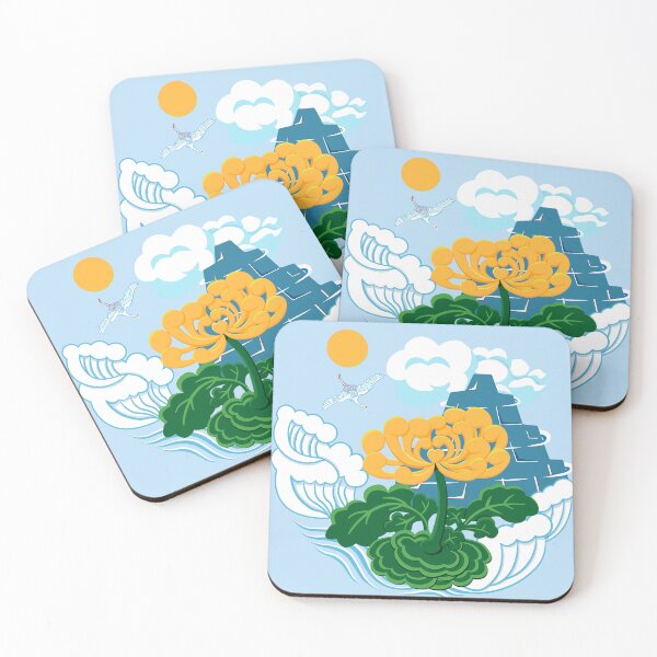 Item preview, Golden Chrysanthemum Green Leaves Blooming in the Sea Water in Light Blue designed and sold by Moyanana.