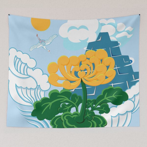 Item preview, Golden Chrysanthemum Green Leaves Blooming in the Sea Water in Light Blue designed and sold by Moyanana.