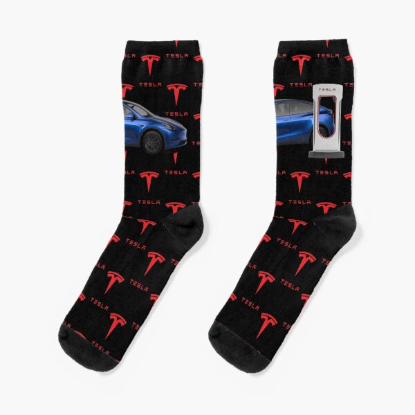 Item preview, Tesla Model Y at Supercharger Socks (Blue) designed and sold by EV-Lover.