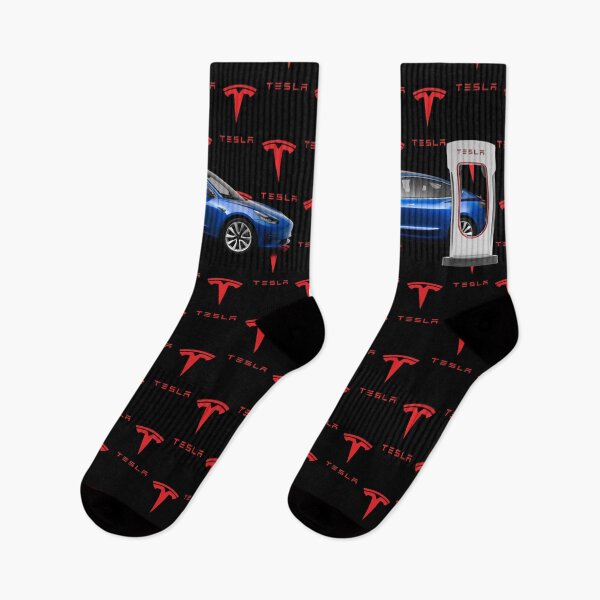 Item preview, Tesla Model 3 at Supercharger Socks (Blue) designed and sold by EV-Lover.