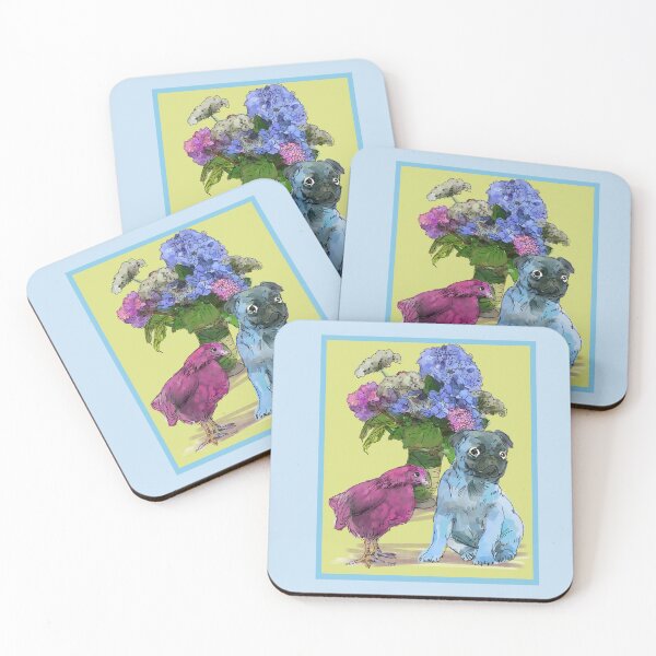 Item preview, Pug chicken and hydrangeas designed and sold by donnadavisart.