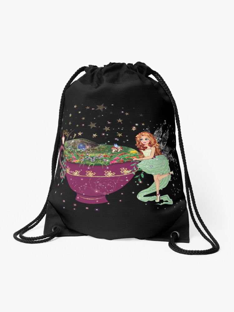 Thumbnail 1 of 3, Drawstring Bag, Felicia's Magical Teacup Fairy Garden Collection designed and sold by TeelieTurner.