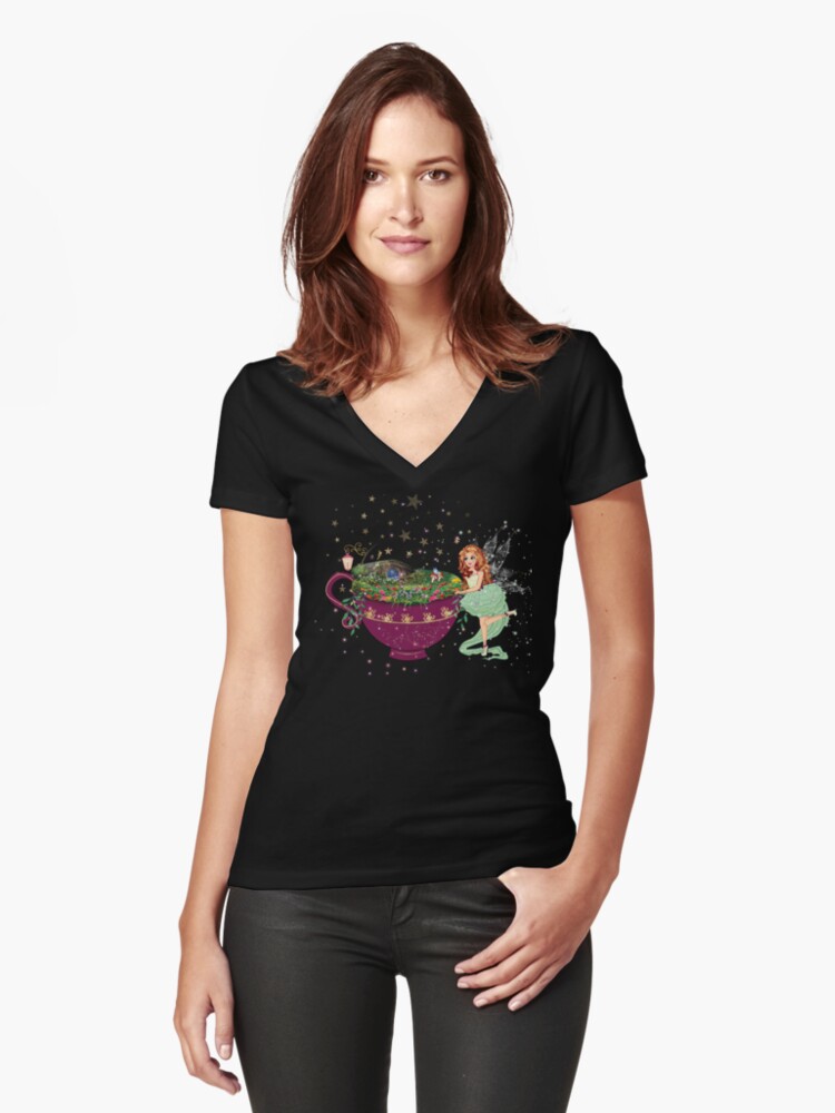 Thumbnail 1 of 3, Fitted V-Neck T-Shirt, Felicia's Magical Teacup Fairy Garden Collection designed and sold by TeelieTurner.