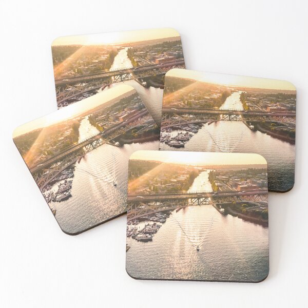 Item preview, Boating Under Aurora Bridge Seattle Sunset Aerial Panorama designed and sold by Open Range Studios.