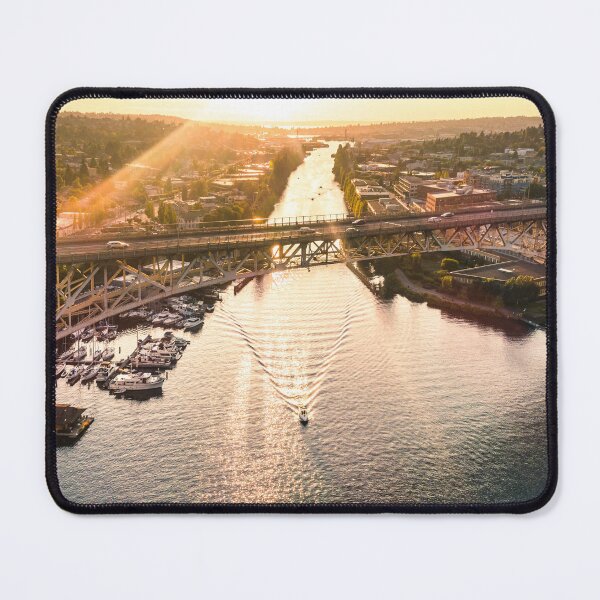 Item preview, Boating Under Aurora Bridge Seattle Sunset Aerial Panorama designed and sold by Open Range Studios.