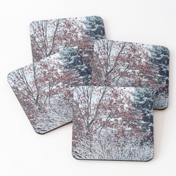 Item preview, red leaves hanging on in first snow fall designed and sold by JayMonochrome.