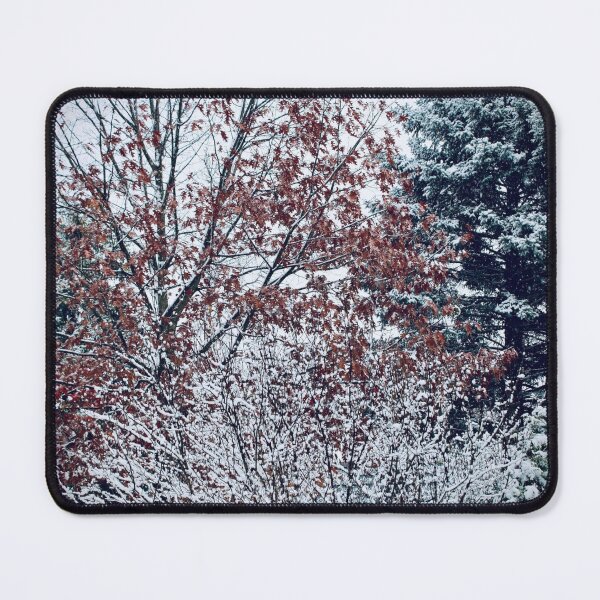 Item preview, red leaves hanging on in first snow fall designed and sold by JayMonochrome.