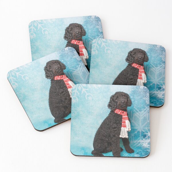 Item preview, Black Poodle wearing a red and white striped scarf designed and sold by Spring Reilly.