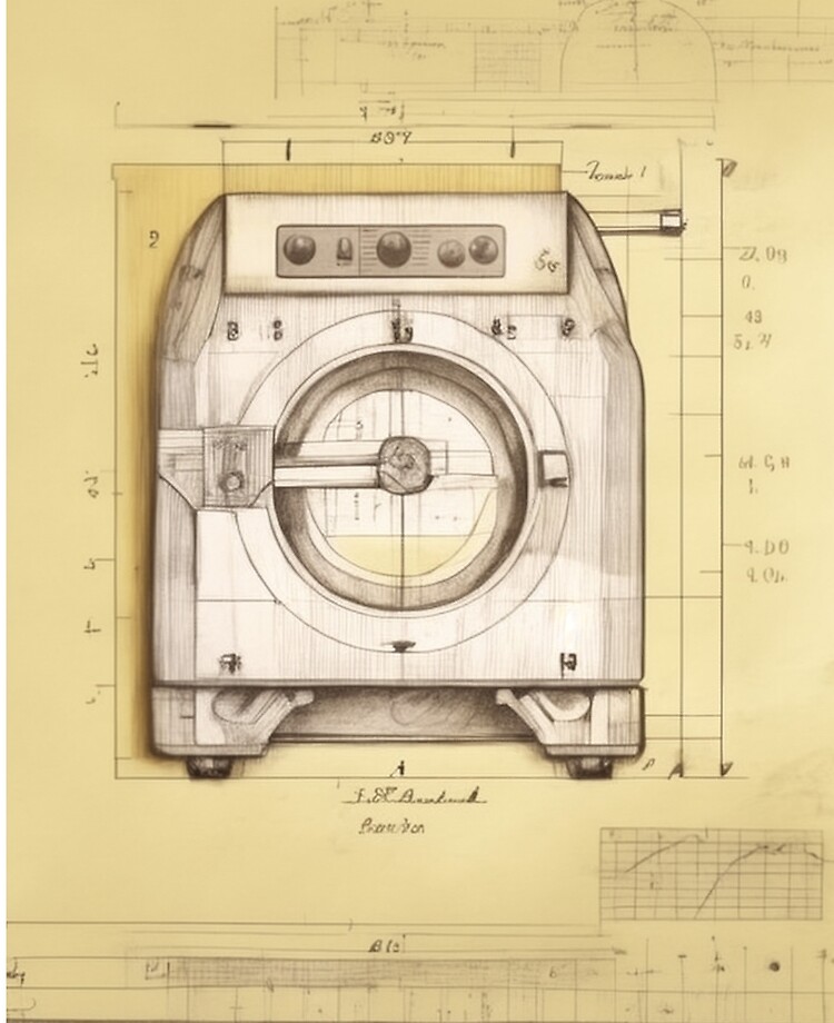 Funda y vinilo para iPad «Dibujo técnico de lavadora automática con medidas y cálculos al estilo Leonardo da Vinci» de ArtifactVault
