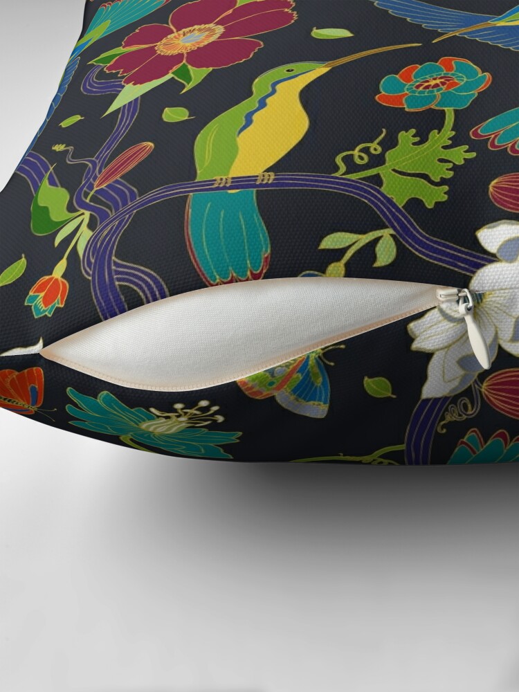 Alternate view of Hummingbirds and Passionflowers - Cloisonne on Black - pretty floral bird pattern by Cecca Designs Throw Pillow