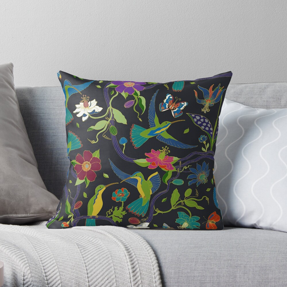 Hummingbirds and Passionflowers - Cloisonne on Black - pretty floral bird pattern by Cecca Designs Throw Pillow