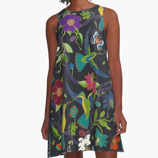 Hummingbirds and Passionflowers - Cloisonne on Black - pretty floral bird pattern by Cecca Designs A-Line Dress