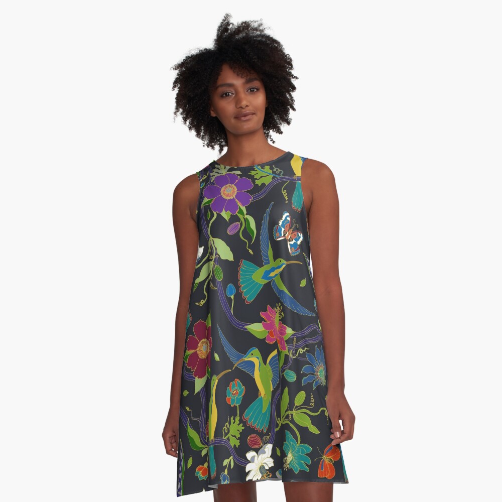 Hummingbirds and Passionflowers - Cloisonne on Black - pretty floral bird pattern by Cecca Designs A-Line Dress
