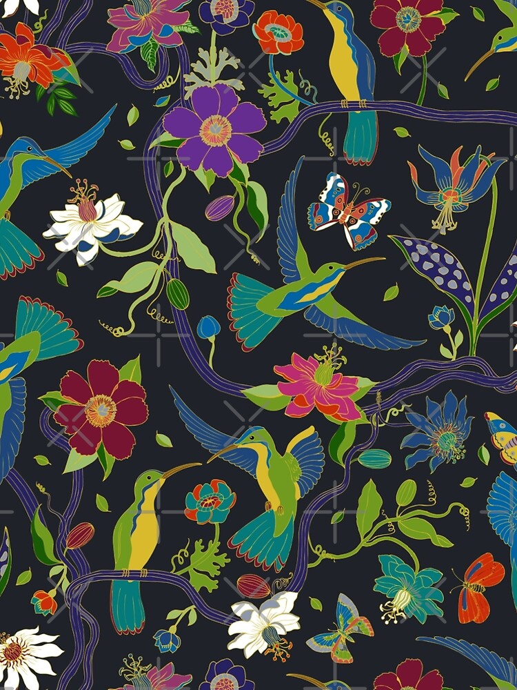 Hummingbirds and Passionflowers - Cloisonne on Black - pretty floral bird pattern by Cecca Designs by Cecca-Designs