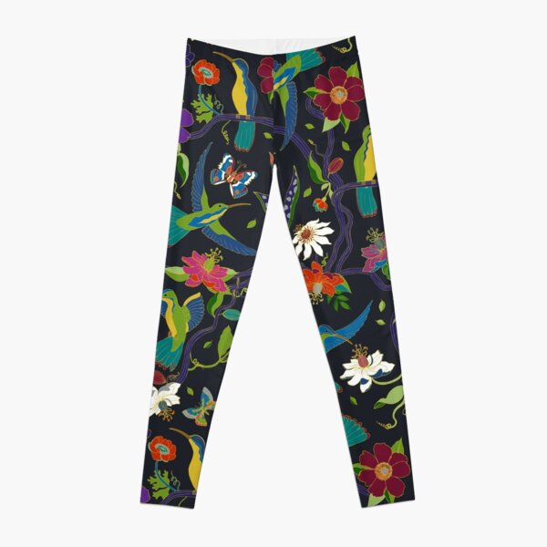 Hummingbirds and Passionflowers - Cloisonne on Black - pretty floral bird pattern by Cecca Designs Leggings