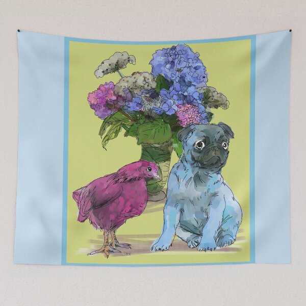 Item preview, Pug chicken and hydrangeas designed and sold by donnadavisart.