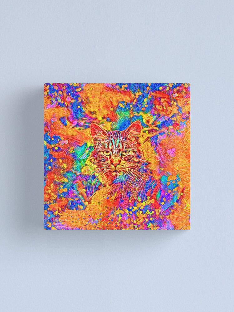 Alternate view of A colorful dramatic Cat is sitting on a colorful quilt Canvas Print