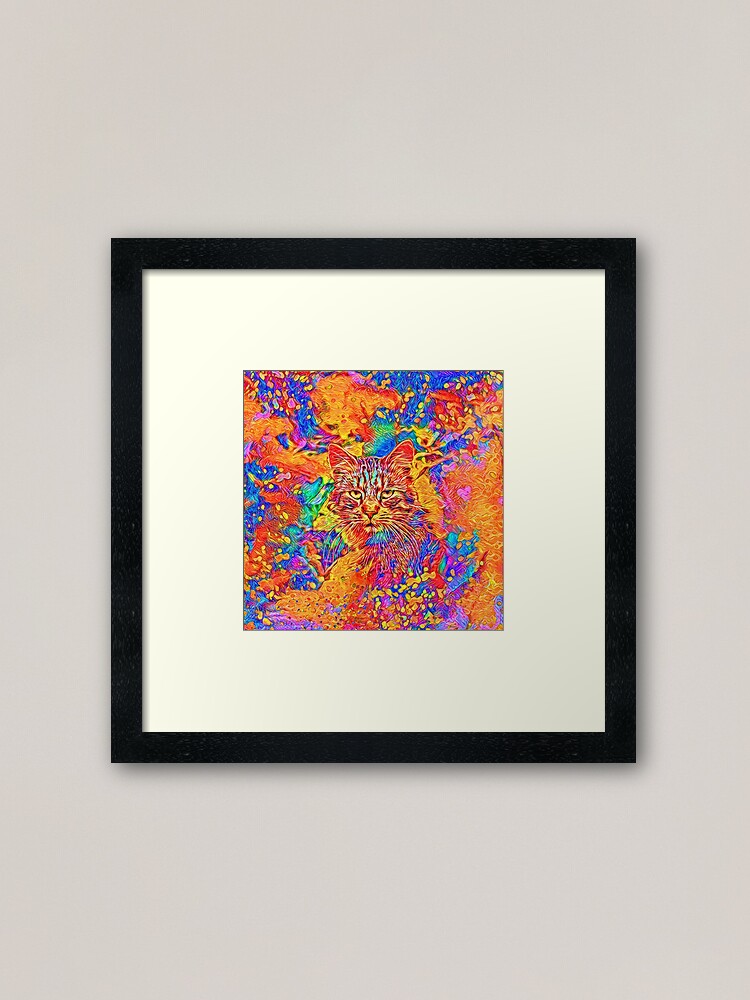 Alternate view of A colorful dramatic Cat is sitting on a colorful quilt Framed Art Print