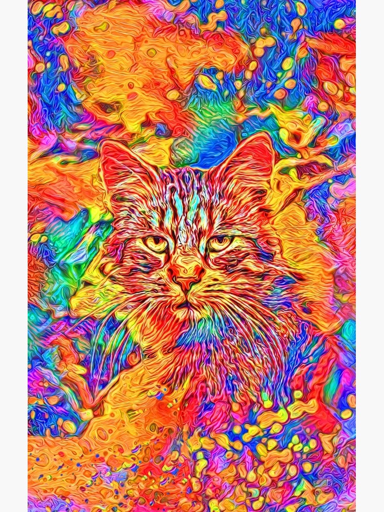 A colorful dramatic Cat is sitting on a colorful quilt by blackhalt