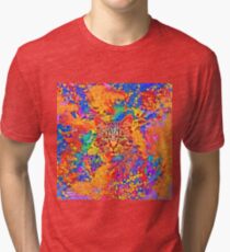 A colorful dramatic Cat is sitting on a colorful quilt Tri-blend T-Shirt