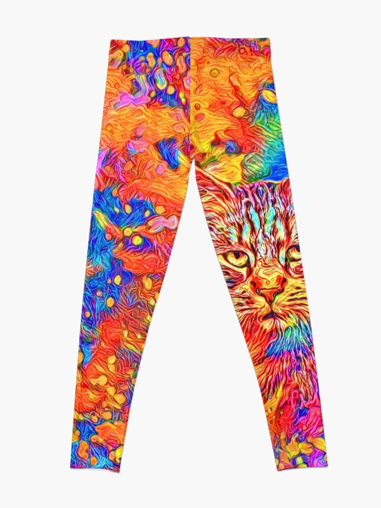 Alternate view of A colorful dramatic Cat is sitting on a colorful quilt Leggings