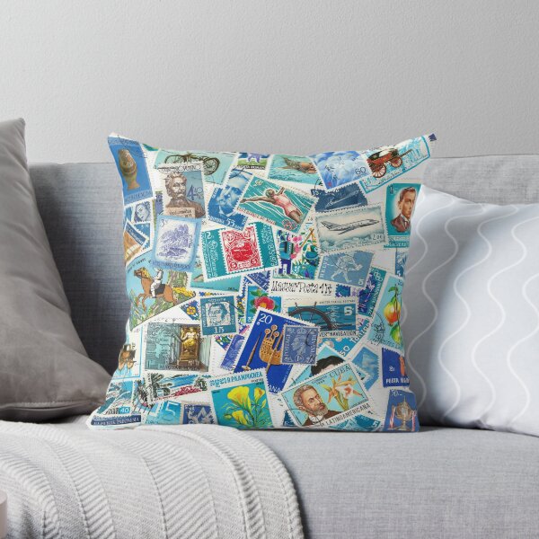 From all over the world - postage stamps blue Throw Pillow