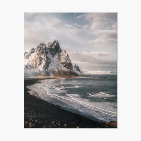 Puesta de sol de playa de montaña islandesa de Stokksnes - Fotografía de paisaje Lámina rígida
