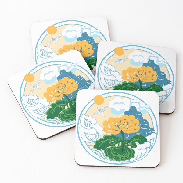 Item preview, Golden Chrysanthemum Green Leaves Blooming in the Sea Water in Puff Yellow Double Round Circles Frame designed and sold by Moyanana.