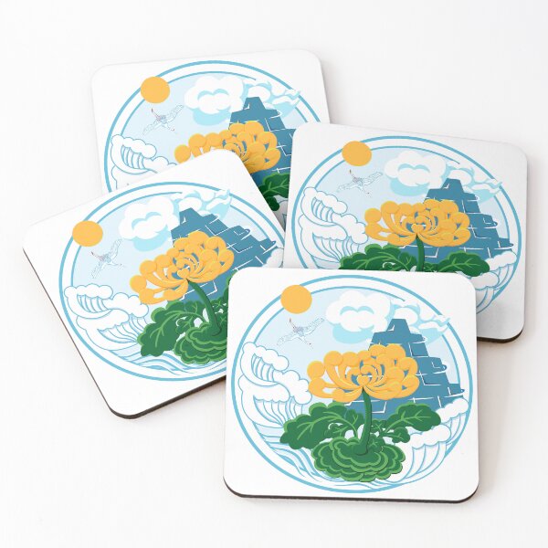 Item preview, Golden Chrysanthemum Green Leaves Blooming in the Sea Water in Light Blue Double Round Circles Frame designed and sold by Moyanana.