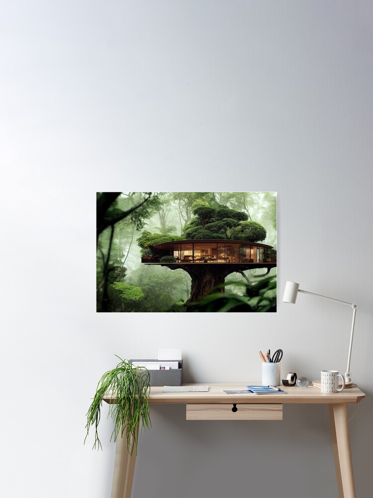 Modern treehouse in a rain forest - paintings of houses | Poster