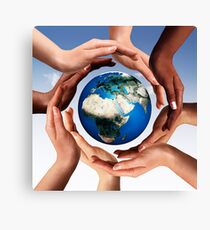 Multiracial hands making a circle together around the world globe art photo print Canvas Print