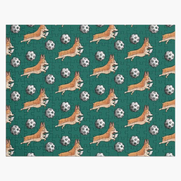 Corgi with bouncing Pickleballs on a deep emerald green background Jigsaw Puzzle