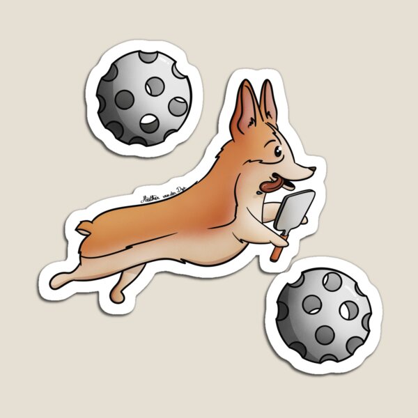 Corgi with bouncing Pickleballs on a deep emerald green background Magnet