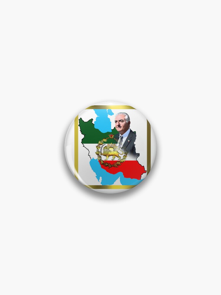 Thumbnail 1 of 3, Pin, Iran's flag with a golden lion and sun with king Pahlavi designed and sold by Fereshteh Gilaki.