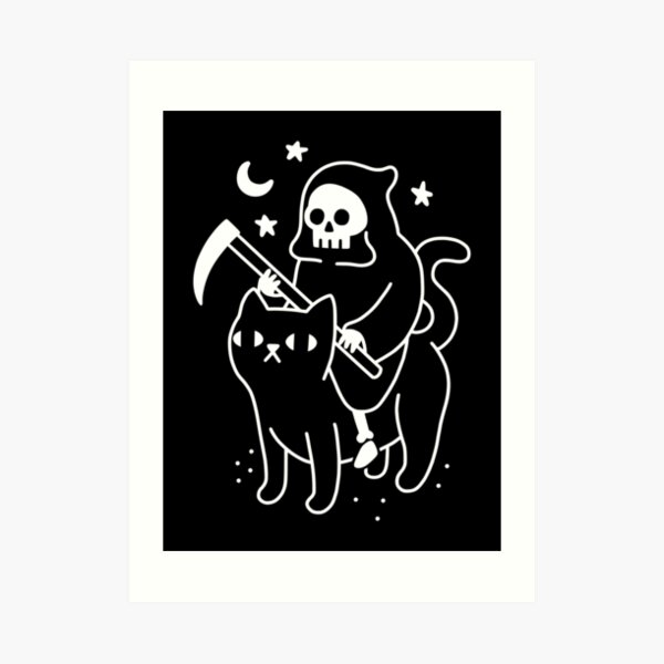 Der Tod reitet eine schwarze Katze Kunstdruck