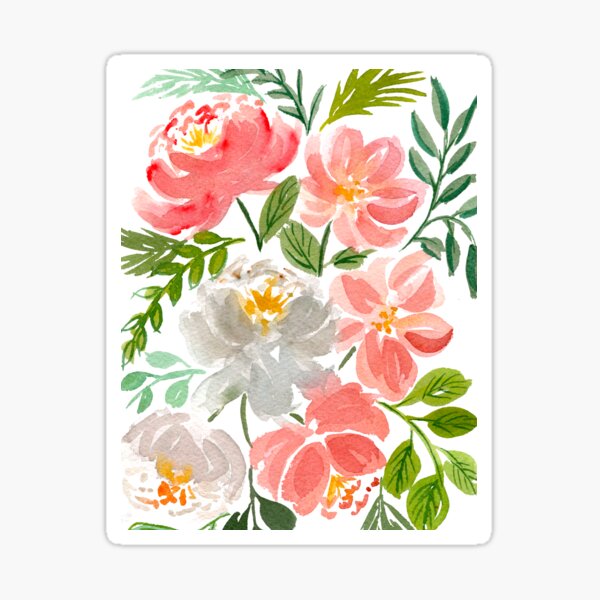 Colorful watercolor peony flowers and leaves Sticker