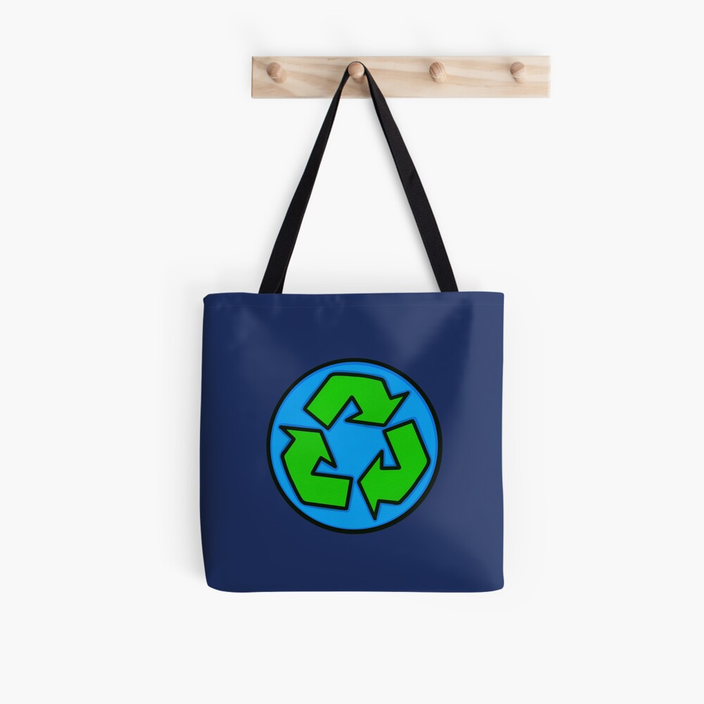 Reduce reuse recycle green recycling symbol sticker and tote bag