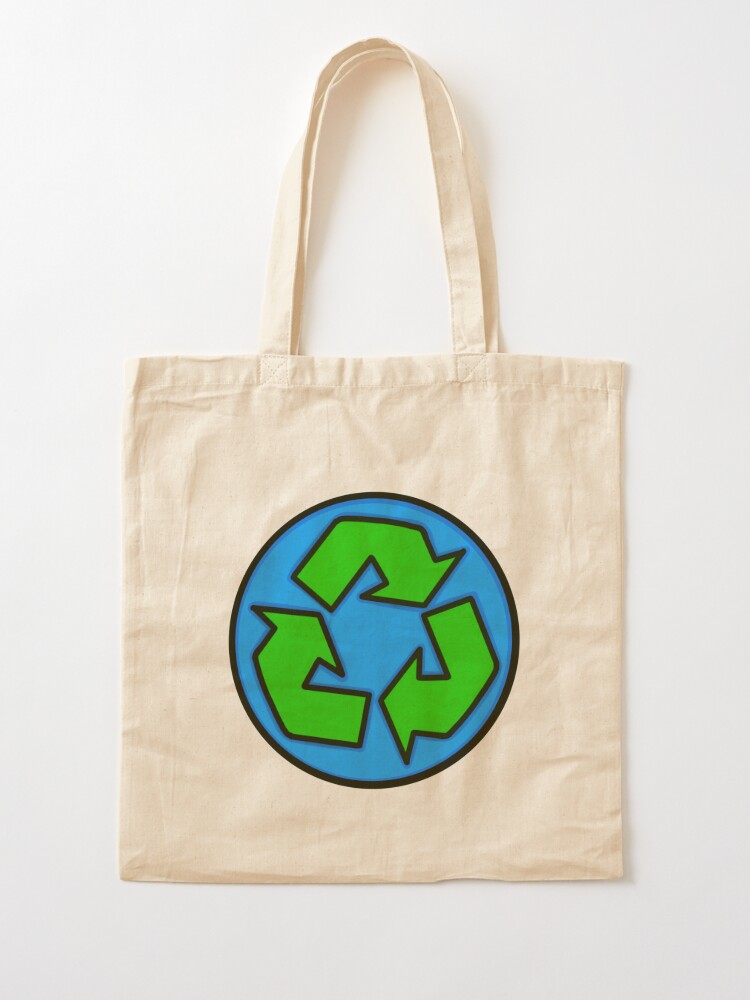 Reduce reuse recycle green recycling symbol sticker and tote bag