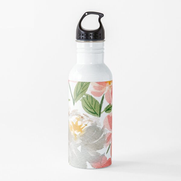 Colorful watercolor peony flowers and leaves Water Bottle
