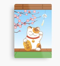 Japanese Lucky Cat, Calico Maneki Neko Metal Print