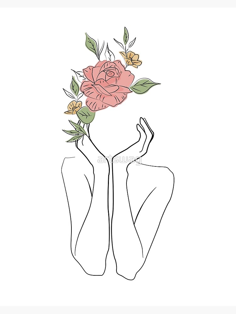 Drawn hand holding and offering rose flowers, printable sketch art