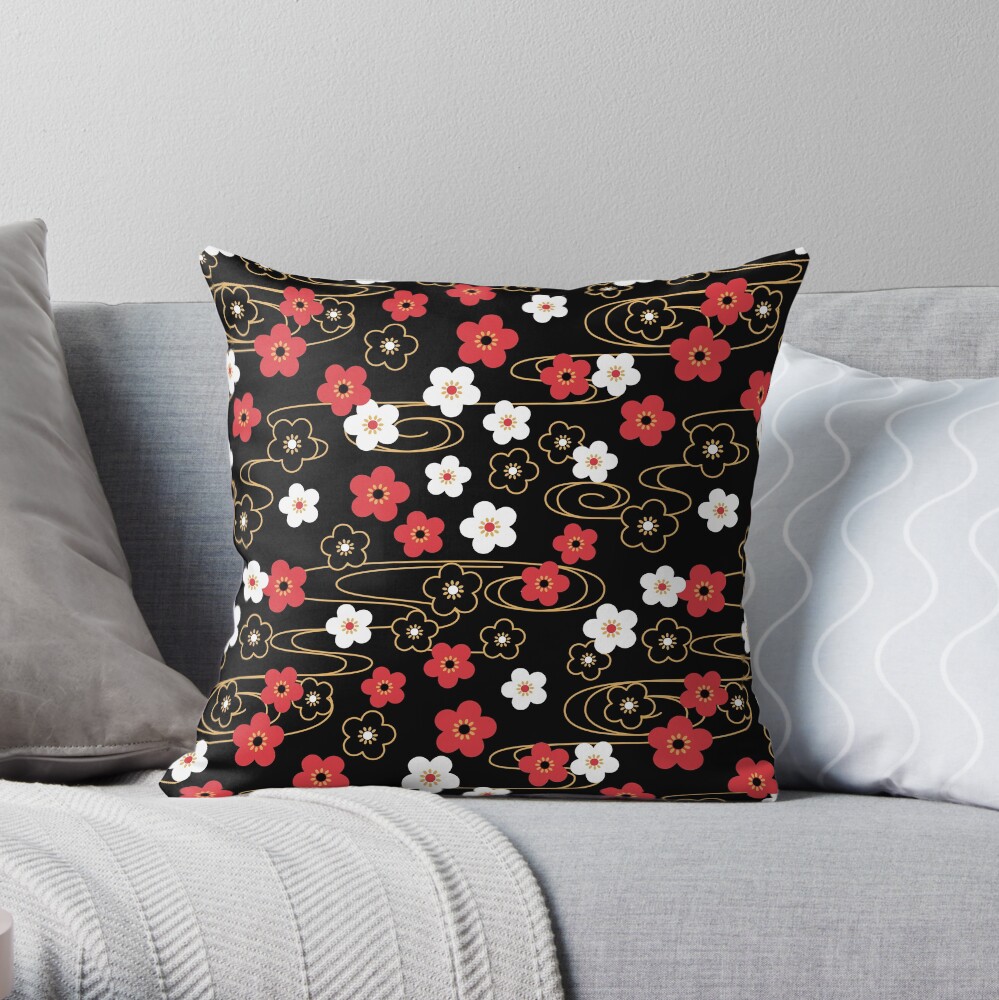 Japanese Black Sakura Cherry Blossom Flowers Throw Pillow