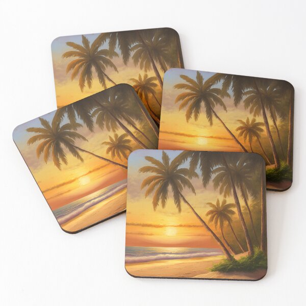 Item preview, Oil painting palm trees on beach beautiful sunset golden hour designed and sold by amersoliman.