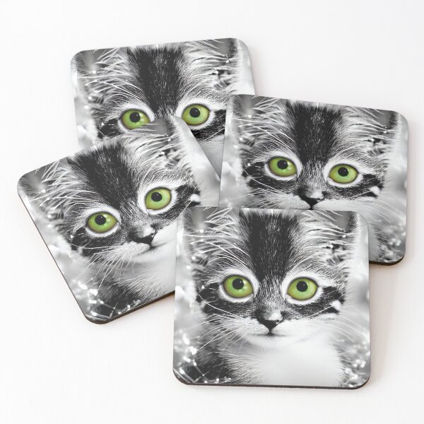 Item preview, kitten in black and white with green eyes designed and sold by Mebbotai.
